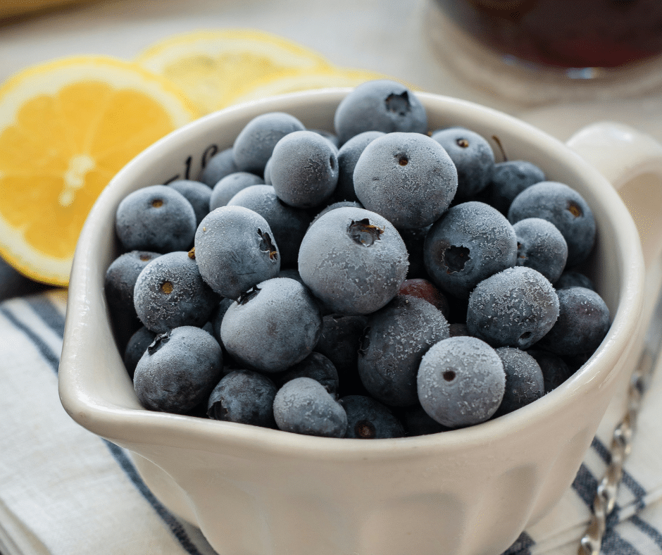 A bowl of frozen blueberries